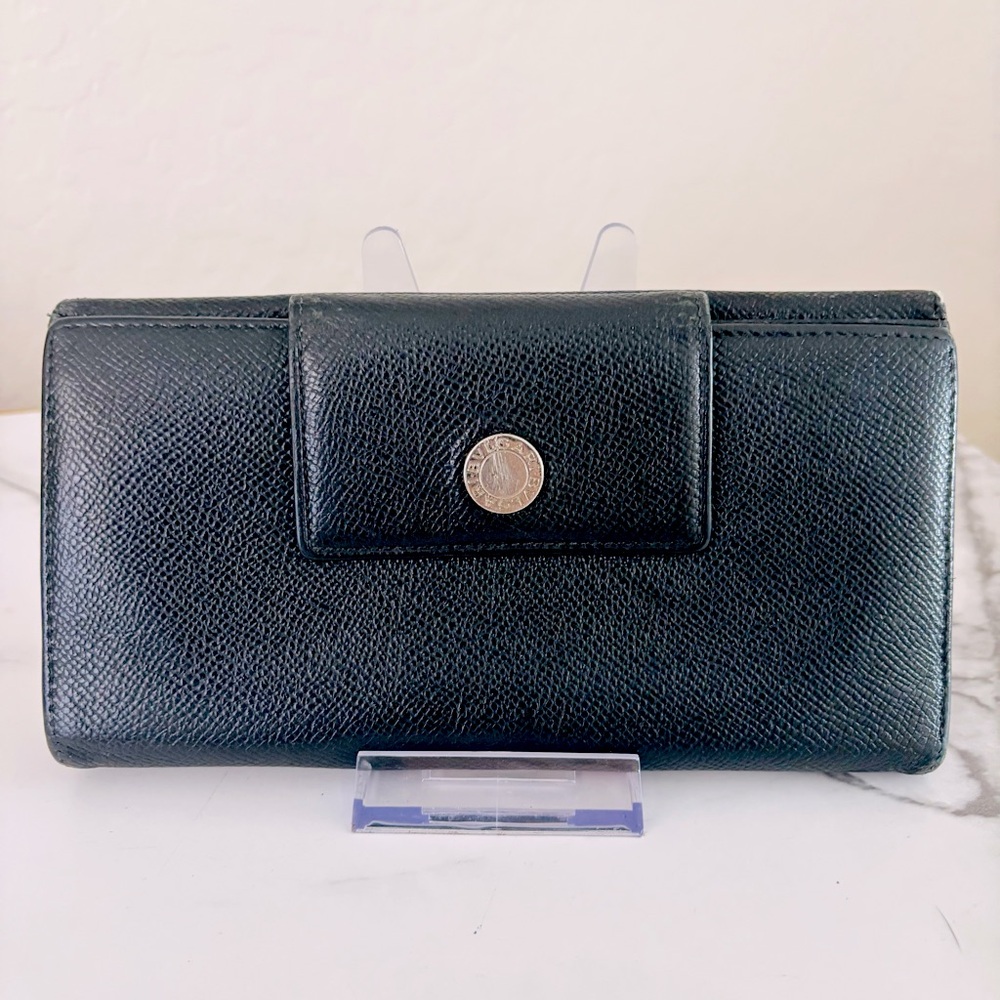 BVLGARI Black Long Leather Wallet with Silver Logo Closure